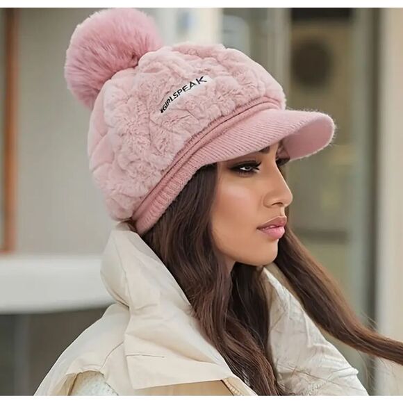 Pink Plush Pom-Pom Visor Beret Hat - Picture 1 of 6